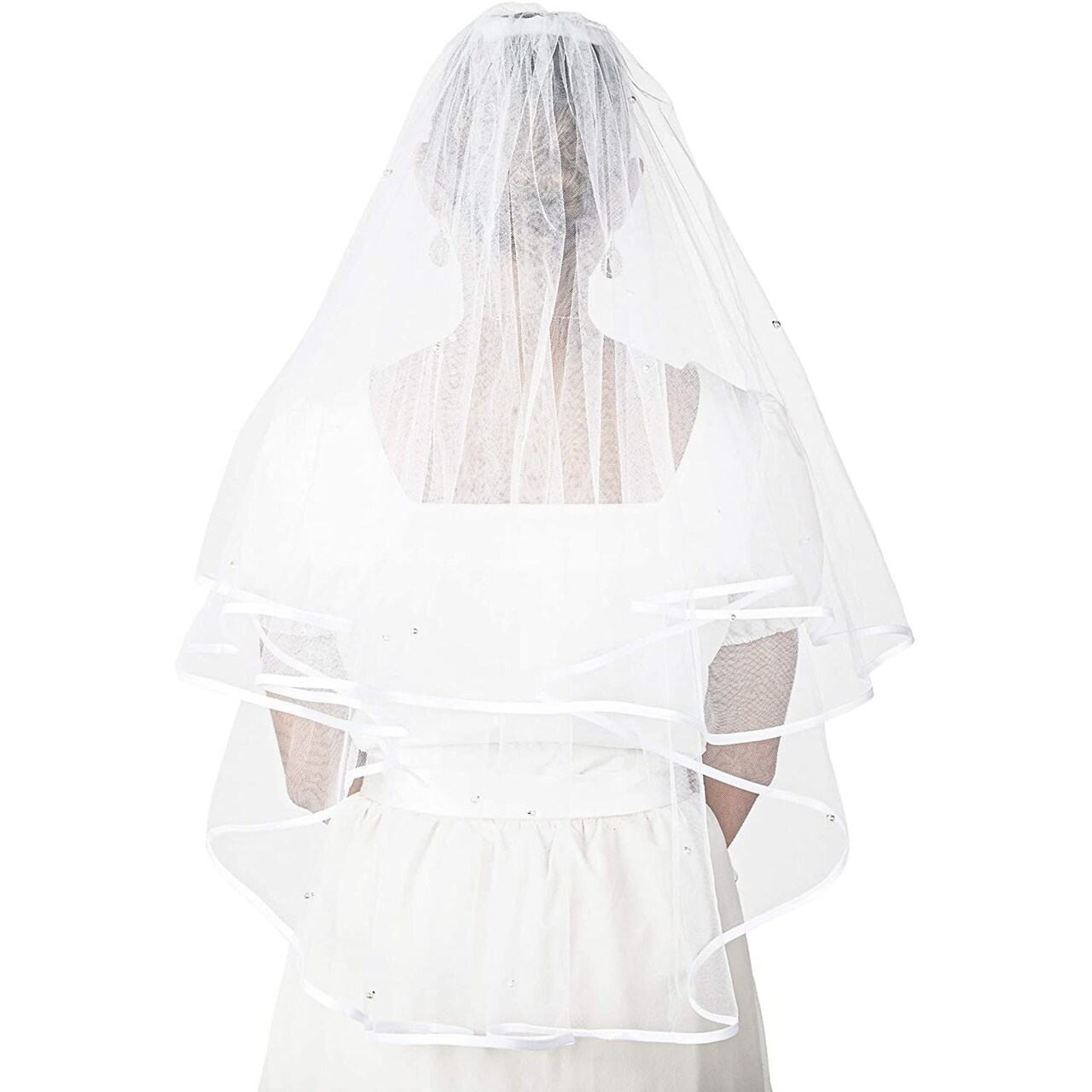 2 Tier Veil for Bride, White Bridal Wedding Veil with Crystals (30 In)